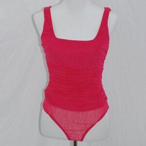 NWT Lulus Womens Medium Hot Pink Tank Top Bodysuit Ruffled Sheer Onesie Shirt